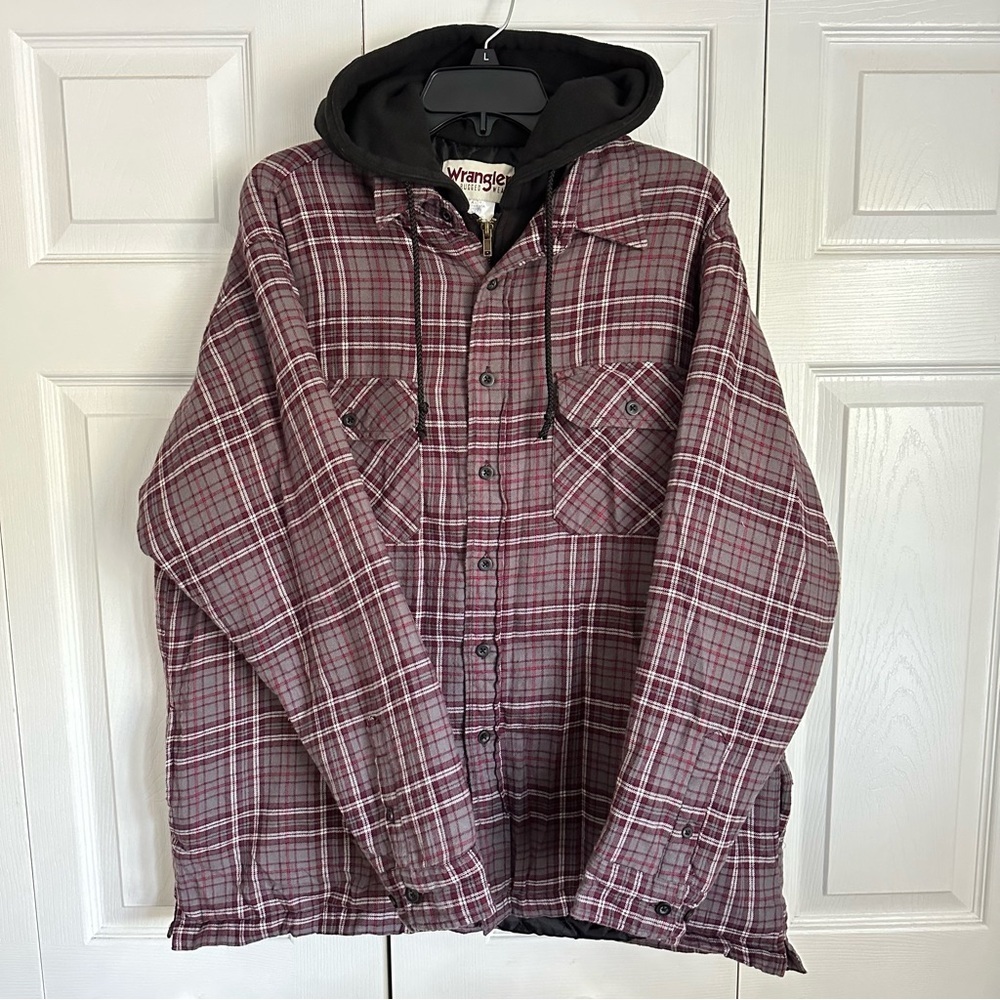 Wrangler Rugged Wear Hooded Shirt Jacket Mens XL Plaid Quilted Lined Workwear